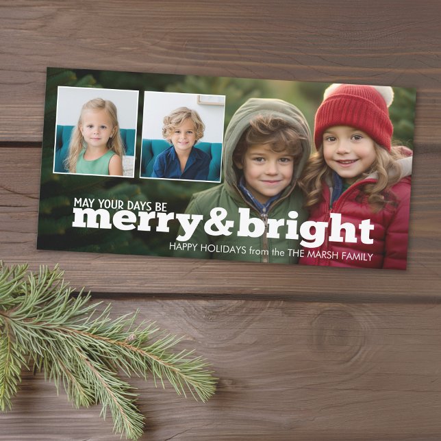 Cartes Pour Fêtes Annuelles Photo Overlay Joyeux et Lumineux Collage de vacanc (Add 3 photos to this classic photo card that can be printed or sent out to friends and family.)
