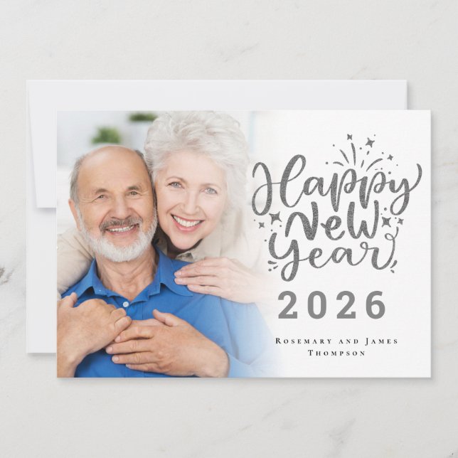 Cartes Pour Fêtes Annuelles Photo Overlay Parties scintillant Argent Bonne ann (Devant)
