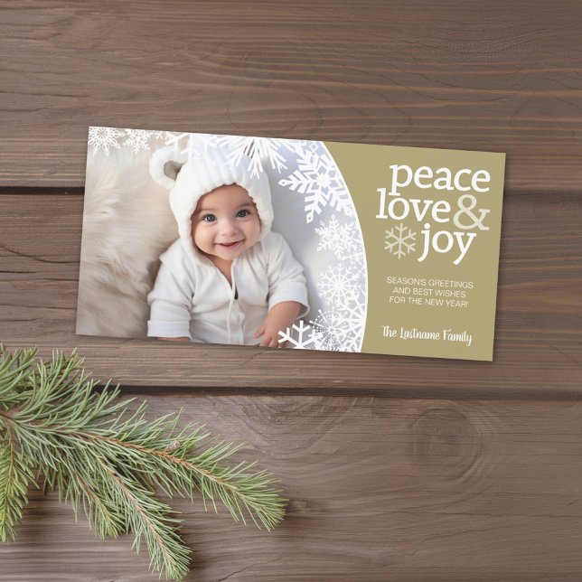 Cartes Pour Fêtes Annuelles Photo - Peace Love Joy - flocons d'or blanc (Add 1 photo to this minimal Christmas card with green and a modern script.)