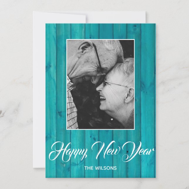 Cartes Pour Fêtes Annuelles Photo personnalisé en bois de turquoise bleu éléga (Devant)