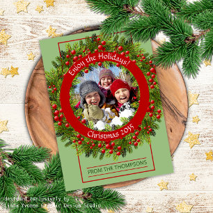 Cartes Pour Fêtes Annuelles Photo personnalisée Classic Green Holly Red Berrie
