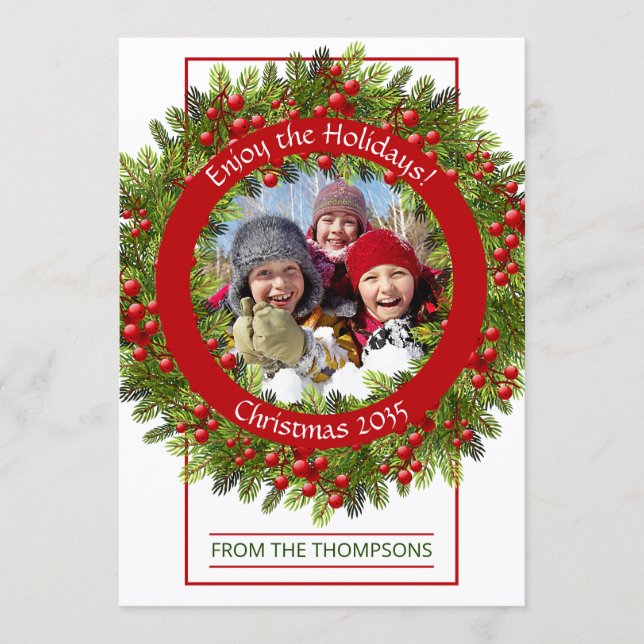 Cartes Pour Fêtes Annuelles Photo personnalisée Classic Green Holly Red Berrie (Devant)