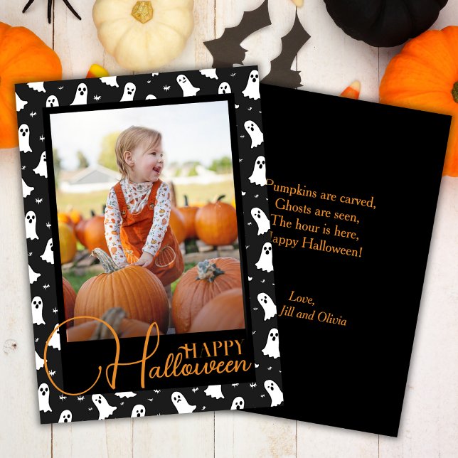 Cartes Pour Fêtes Annuelles Photo Personnalisée De L'Halloween Noir Et Orange (Black And Orange Ghostly Halloween Custom Photo Holiday Card)