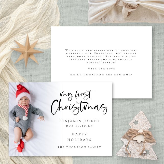 Cartes Pour Fêtes Annuelles Photo personnalisée de mon premier bébé de Noël (Front and back view. Available digitally or printed.)