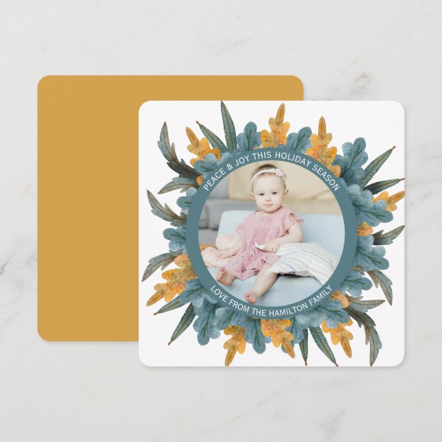 Cartes Pour Fêtes Annuelles Photo personnalisée de Noël bleu orange Feuille (Devant / Derrière)