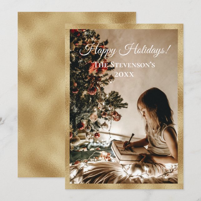 Cartes Pour Fêtes Annuelles Photo personnalisée Gold Joyeux vacances Noël (Devant / Derrière)