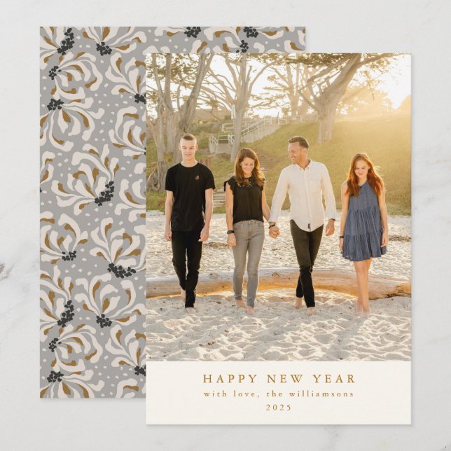 Cartes Pour Fêtes Annuelles Photo personnalisée Gris Art élégant Nouvel An ver (Devant / Derrière)