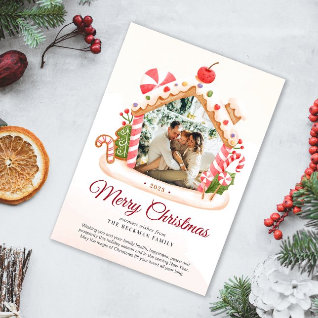 Cartes Pour Fêtes Annuelles Photo personnalisée Maison en pain d'épice Noël (Custom Photo Gingerbread House Christmas Holiday Card)