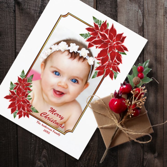 Cartes Pour Fêtes Annuelles Photo personnalisée Rouge Poinsettia Blanc Noël (Créateur téléchargé)