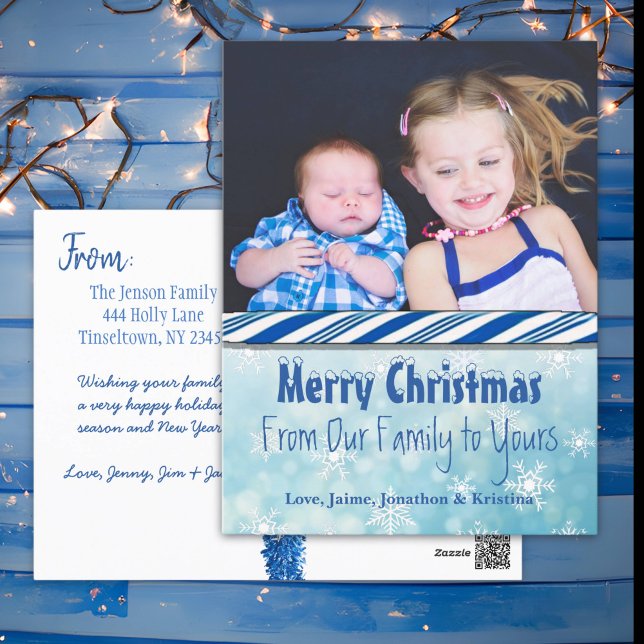 Cartes Pour Fêtes Annuelles Photo personnalisée Sucre de canne bleu Noël (Créateur téléchargé)