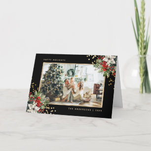 Cartes Pour Fêtes Annuelles Photo Poinsettia Baies de Houx Noir Or