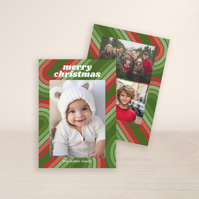 Cartes Pour Fêtes Annuelles Photo Retro Stripes - Red Green Funky (3 Photo Christmas Card with Retro 70s Stripes - Print and Download Option)