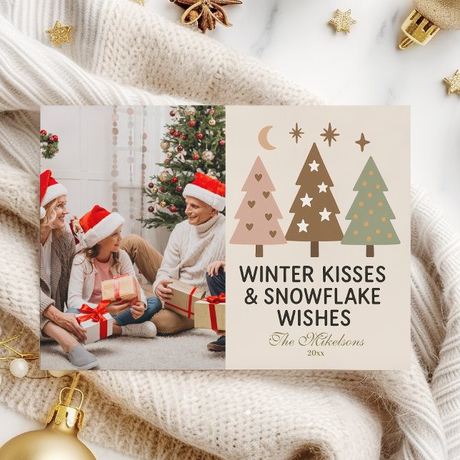 Cartes Pour Fêtes Annuelles Photo Retro Winter Kisses & Snowflake Wishes (Créateur téléchargé)