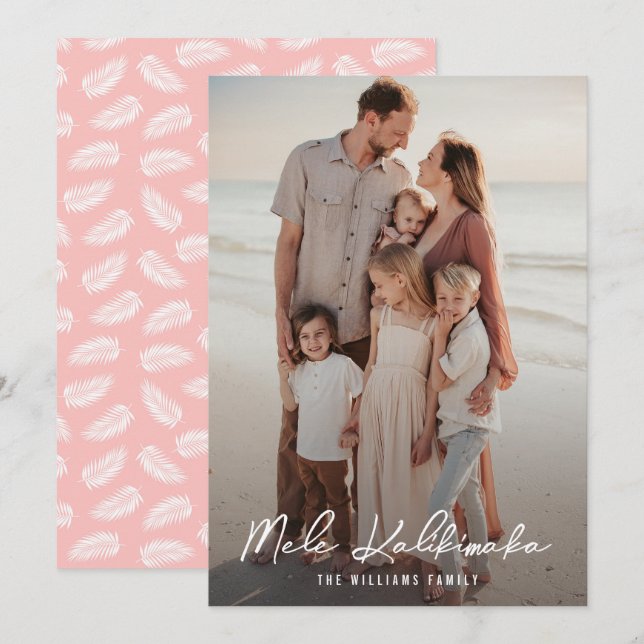 Cartes Pour Fêtes Annuelles Photo rose Feuille de Mele Kalikimaka Palm (Devant / Derrière)