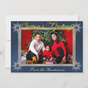 Cartes Pour Fêtes Annuelles Photo Silver Border & Snowflakes sur Blue