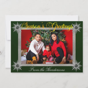 Cartes Pour Fêtes Annuelles Photo Silver Border & Snowflakes sur Emerald
