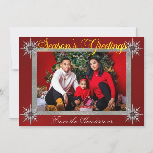 Cartes Pour Fêtes Annuelles Photo Silver Border & Snowflakes sur Red (Devant)