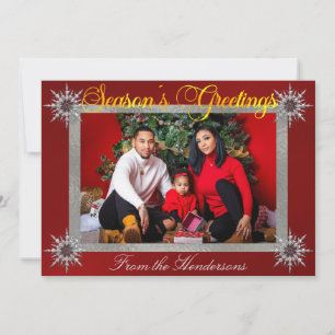 Cartes Pour Fêtes Annuelles Photo Silver Border & Snowflakes sur Red