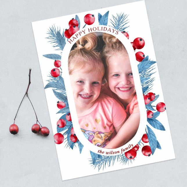 Cartes Pour Fêtes Annuelles Photo simple Blue Holly Berries (Créateur téléchargé)