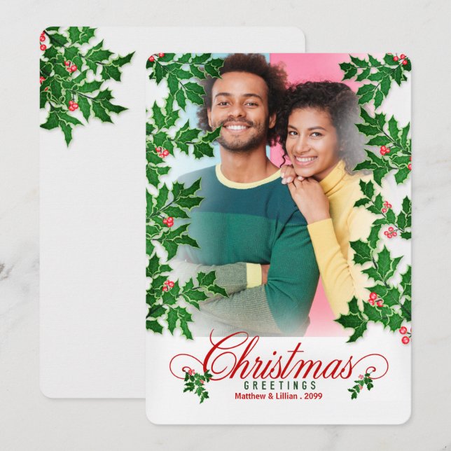 Cartes Pour Fêtes Annuelles Photo verticale de Noël Holly et Berries (Devant / Derrière)