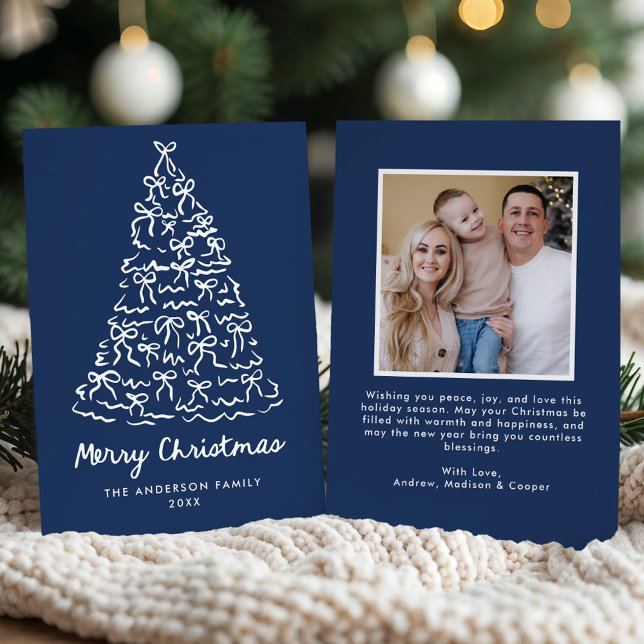 Cartes Pour Fêtes Annuelles Photo Whimsical Christmas Tree Bows Navy (Créateur téléchargé)