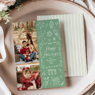 Cartes Pour Fêtes Annuelles Photo Whimsical Main dessinée Icônes Green Christm