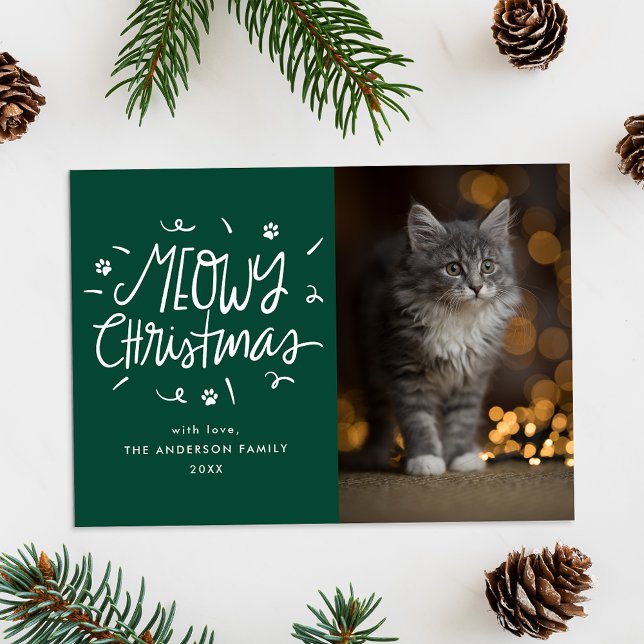 Cartes Pour Fêtes Annuelles Photo Whimsical Meowy Christmas Green Cat (Créateur téléchargé)