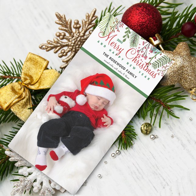 Cartes Pour Fêtes Annuelles Photographie de la verdure hivernale (Christmas Winter Greenery Photo Holiday Card)
