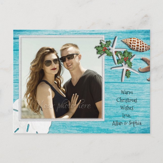 Cartes Pour Fêtes Annuelles Photographie de Noël Tropical de Bois Dérivé Bleu (Devant)