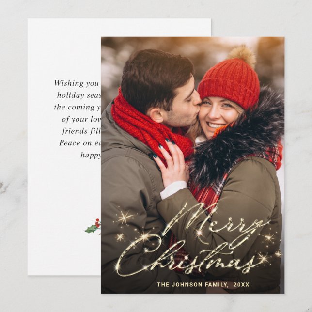 Cartes Pour Fêtes Annuelles Photographie moderne de Noël doré (Devant / Derrière)