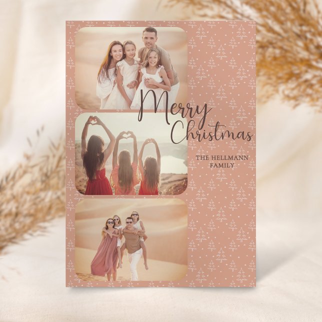 Cartes Pour Fêtes Annuelles Photos boho tendance moderne Joyeux arbres de Noël (Earthy color, terracotta boho christmas card. Cozy holiday greetings to family and friends.)
