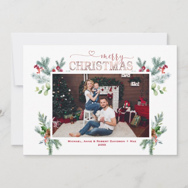 Cartes Pour Fêtes Annuelles Photos de famille d'hiver Gold Joyeux Noël Script (Devant)
