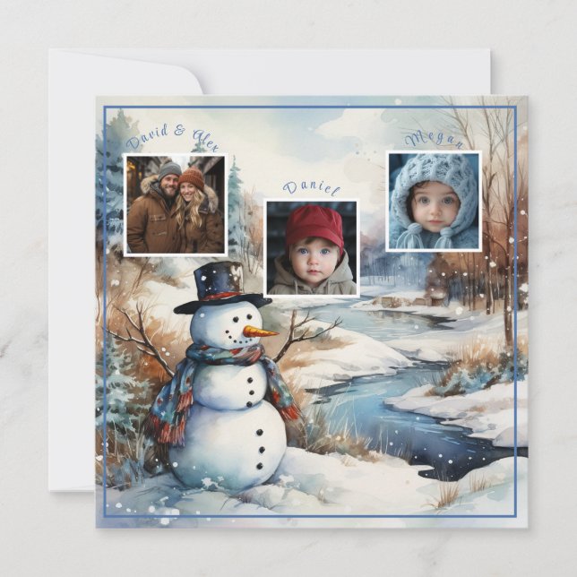 Cartes Pour Fêtes Annuelles Photos de famille Snowman Winter River Noël (Devant)