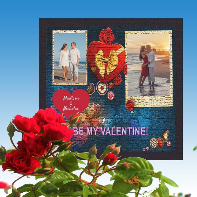 Cartes Pour Fêtes Annuelles Photos et nom personnalisés Coeur Soyez ma mosaïqu (Custom Photos & Name Heart Be My Valentine Mosaic Holiday Card)