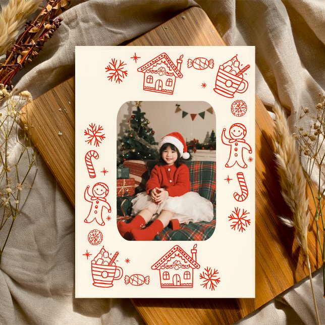 Cartes Pour Fêtes Annuelles Photos Jouer Main Tirée Rouge Whimsical Noël (Créateur téléchargé)