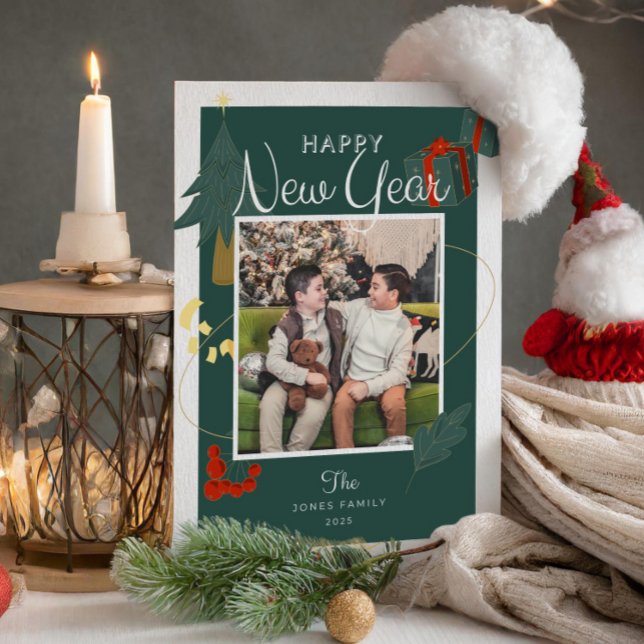 Cartes Pour Fêtes Annuelles Photos Nouvel An Famille Magie Vert Rouge Vacances (Photos New Year Family Magic Green Red Holiday happy new year holiday cards joy to the new year)