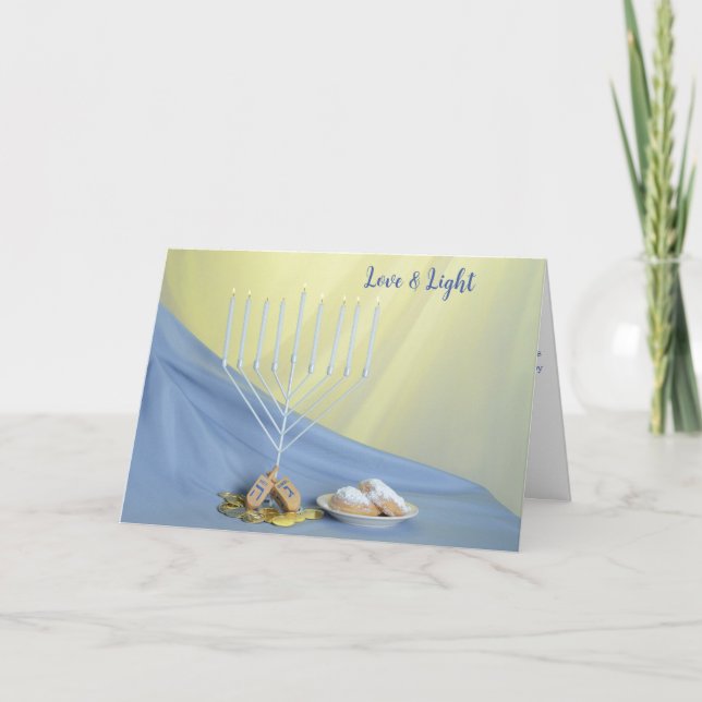 Cartes Pour Fêtes Annuelles Pièces Hanoukka Dreidel Doughnut blanc Menorah (Devant)