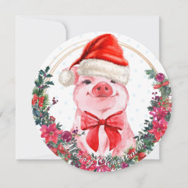 Cartes Pour Fêtes Annuelles Pig de Noël Cute Piglet Bow Wreath Pois