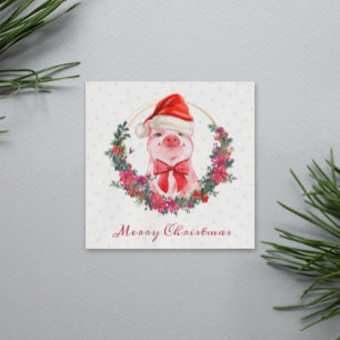 Cartes Pour Fêtes Annuelles Pig de Noël Cute Piglet Bow Wreath Pois