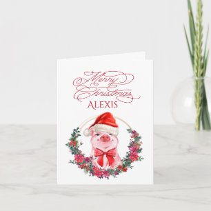 Cartes Pour Fêtes Annuelles Pig de Noël Cute Piglet Bow Wreath Pois