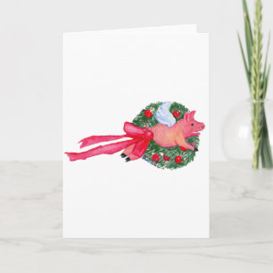 Cartes Pour Fêtes Annuelles Pig volant traînant la couronne de Noël
