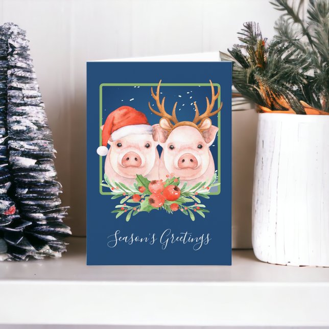 Cartes Pour Fêtes Annuelles Pigs Père Noël et Reindeer Couple Noël (Pigs Santa and Reindeer Couple Christmas Holiday Card from Ricaso)
