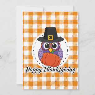Cartes Pour Fêtes Annuelles Pilgrim owl on Orange Plaid - Happy Thanksgiving