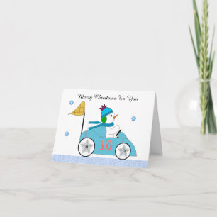Cartes Pour Fêtes Annuelles Pilote de voiture de course de bonhomme de neige