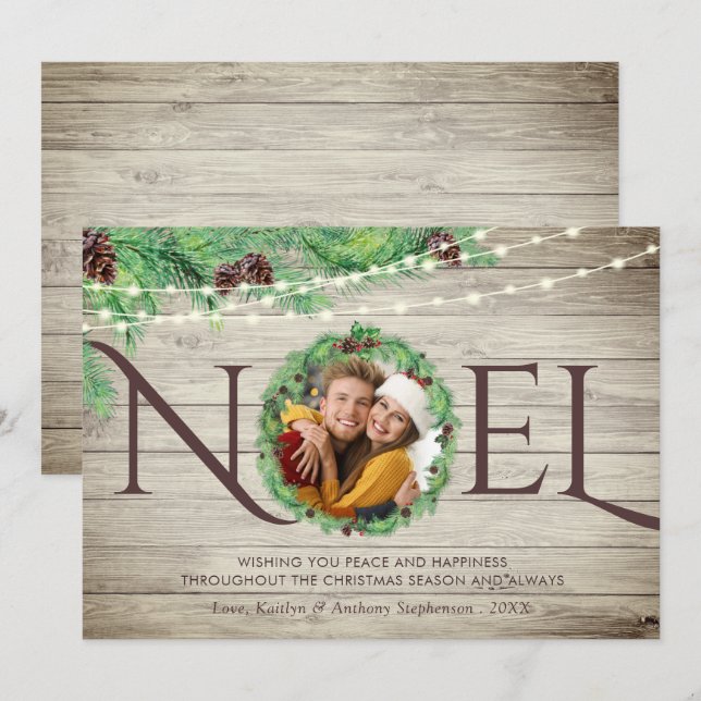 Cartes Pour Fêtes Annuelles Pin botanique rustique Wreath NOEL 1 Photo (Devant / Derrière)