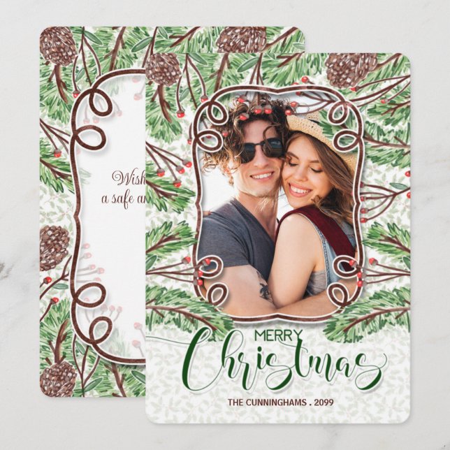 Cartes Pour Fêtes Annuelles Pin d'aquarelle et Branches Joyeux Noël Photo (Devant / Derrière)