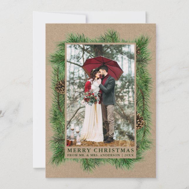 Cartes Pour Fêtes Annuelles Pin d'aquarelle Mariage photo Kraft Green (Devant)
