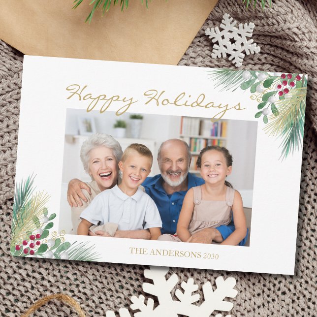 Cartes Pour Fêtes Annuelles Pin Et Berries Photo Joyeuses Fêtes (Créateur téléchargé)