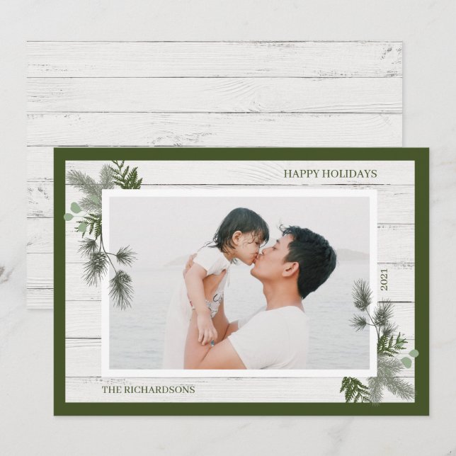 Cartes Pour Fêtes Annuelles Pin festif & Bois blanc rustique Shiplap Photo (Devant / Derrière)