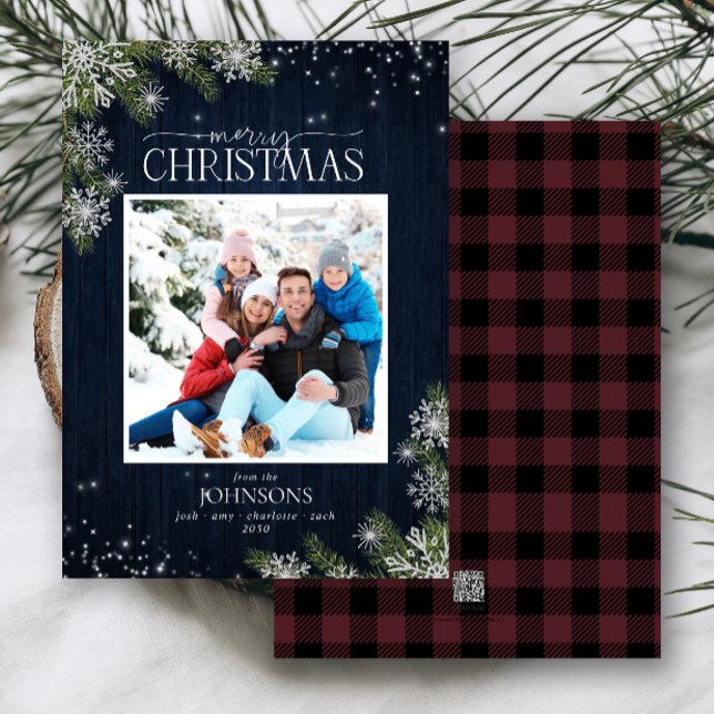 Cartes Pour Fêtes Annuelles Pin rustique Snowflakes Joyeux Photo famille (Créateur téléchargé)
